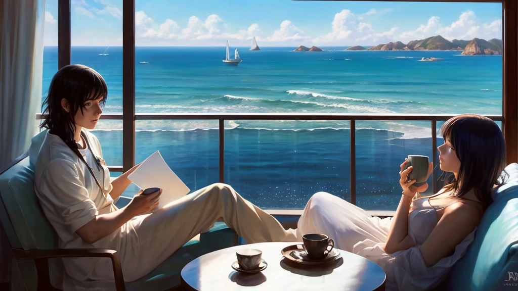 anime, Cafe with an ocean view, Realistic painting inspired by Michael Komarck, Trending on Art Station, magical realism, Space Sky. by Makoto Shinkai, ( ( Makoto Shinkai ) ), by Makoto Shinkai, Relaxing concept art, Makoto Shinkai. —h 2160