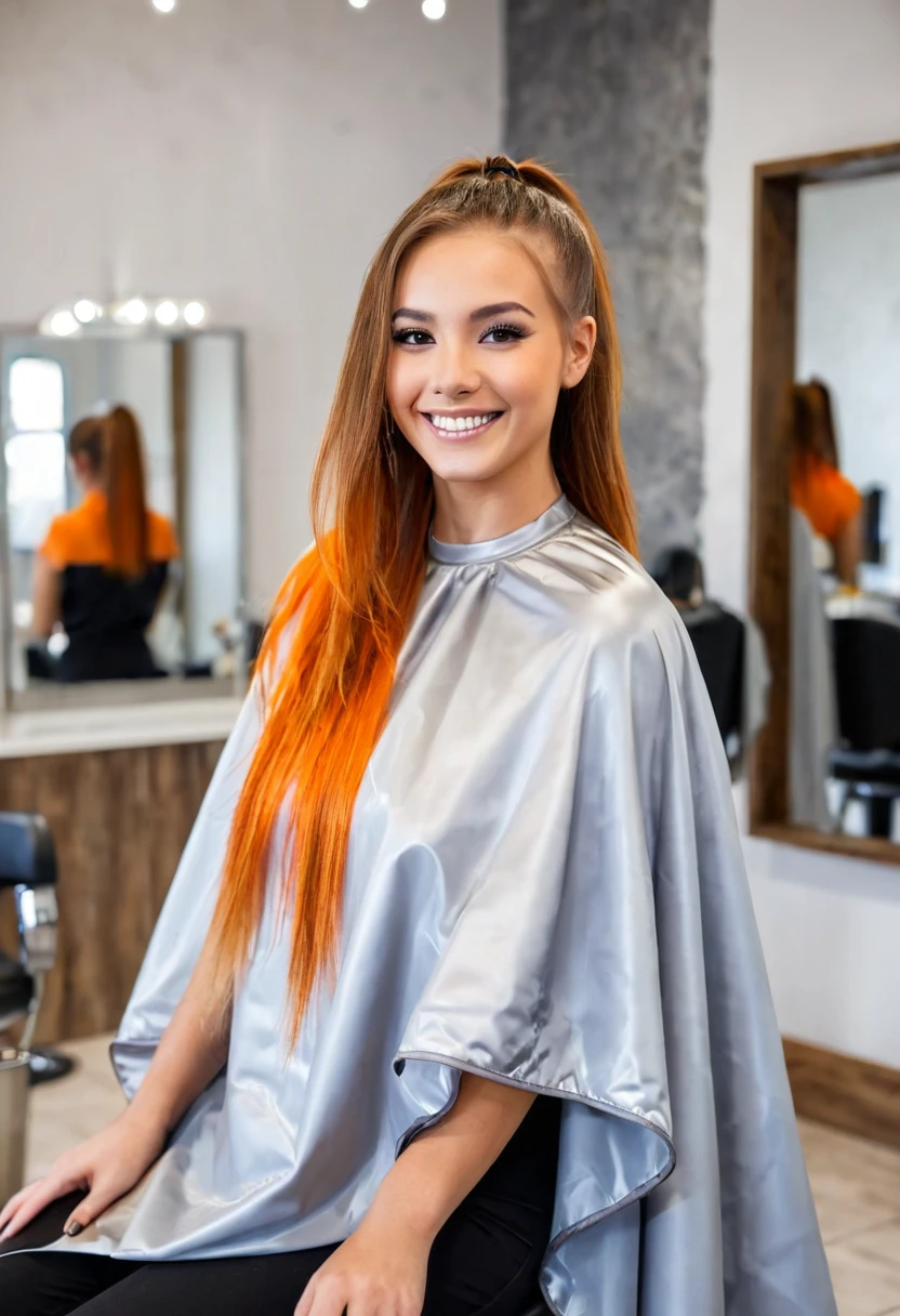 Photo, Beautiful young woman, long hair, ponytail, mixed brown and orange hair, silver salon cape, smiling, hairdresser in background, modern hair salon, well-lit, professional environment, relaxed atmosphere, cheerful moment, photorealistic, high-resolution (rim light, depth of field)