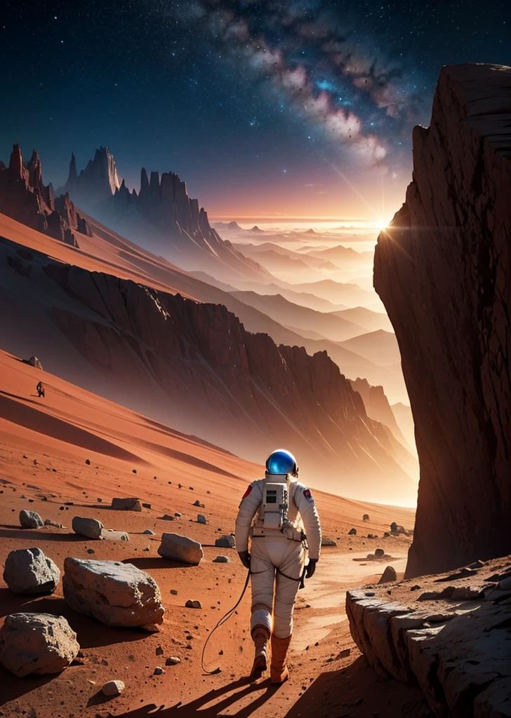 An astronaut walking on Mars at night, with an environment filled with rocks, stones, mountains, and peaks. The scene is viewed from behind the astronaut, so the viewer sees the astronaut from the back. The Martian sky is dark with stars visible, and the landscape is illuminated by the astronaut's suit lights.