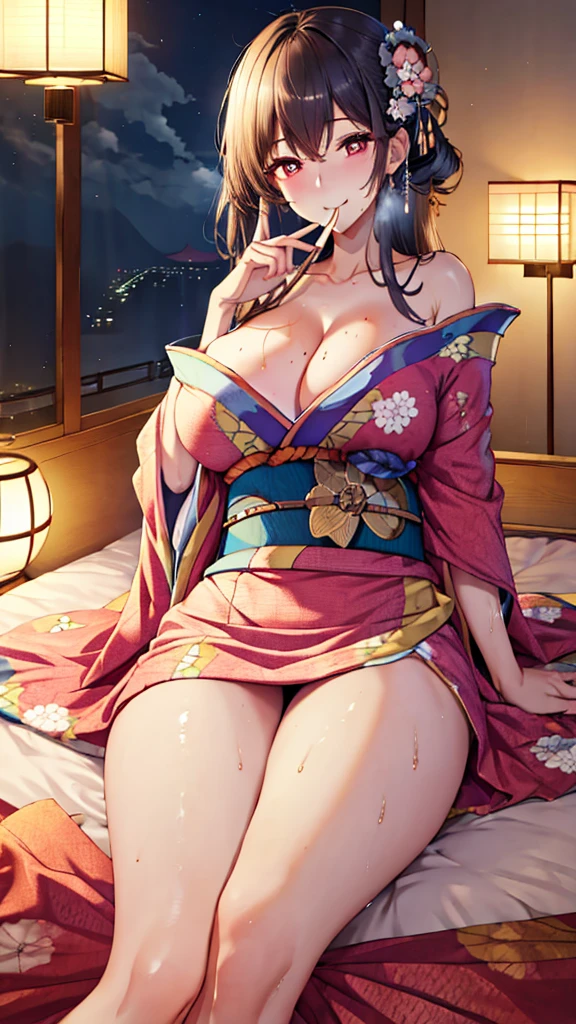 Highest quality、Highest quality、masterpiece、High-end、
,
(kimono:1.28),Heart-shaped pupils、
smile,Mouth closed,
Lady,Mature Woman, Cowboy Shot,
(Dark Room:1.5, Love hotel beds in Japan:1.5, Detailed Background:1.18),
High resolution,Official Art,original,masterpiece,Highest quality, reality、
(Huge breasts),
(Oily skin),((vapor,Sweat))
Lying on the futon in a sexy pose、Lie down with your legs apart