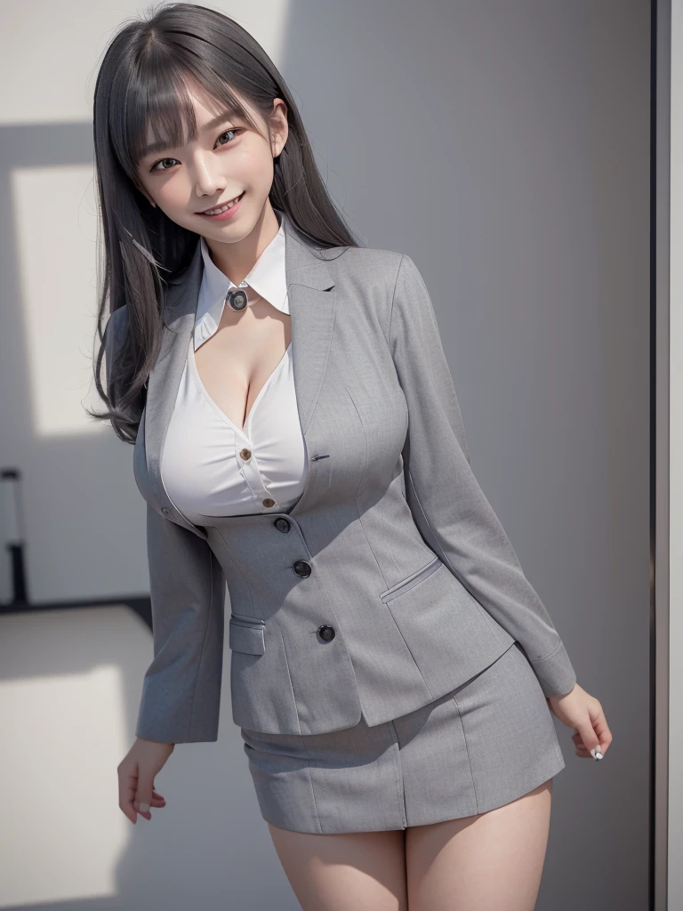 Highest quality、masterpiece、8k、Very detailed、Realistic、(One girl)、(Looking at me with a smile:1.5)、whole body、Black Hair、Small face、(Slender:1.2)、(Big Breasts:1.2)、(White business shirt with buttons and a collar:1.2)、(short tight skirt in gray,:1.2)、(Grey business jacket:1.2)、(She leans forward, exposing her cleavage.:1.2)