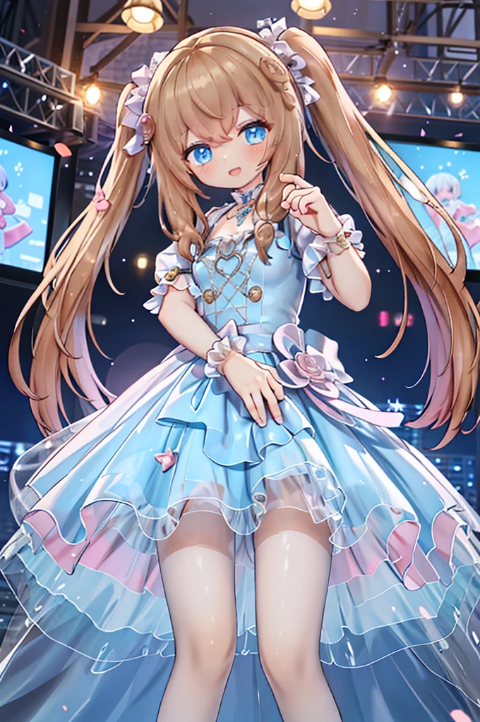 Solo girl, comical, kawaii, Blue eyes, light brown hair, high long twintails, (yellow idol dress 1.5), white princess dress 1.5)), open mouth smile,  from below, looking somewhere, neon and led lights, posing, sexy, high-resolution image, masterpiece, high quality, attractive eyes