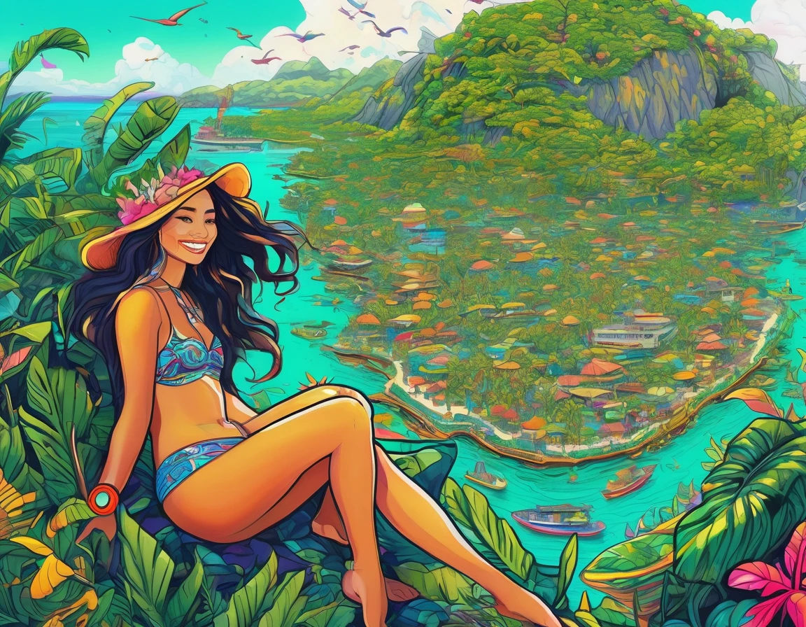 (Mysterious Island:2.0)、Tropical sandy beaches、Lush mangrove forest、A lot of beautiful women、smile、laughter、, Detailed marker outline, cute, Art Brut Style, Dynamic pose, whimsical expression, Bright and vibrant colors, Dynamic Lighting, Digital Painting, masterpiece, (Highest quality,4K,8k,High resolution,masterpiece:1.2),Very detailed,(Realistic,photoRealistic,photo-Realistic:1.37)