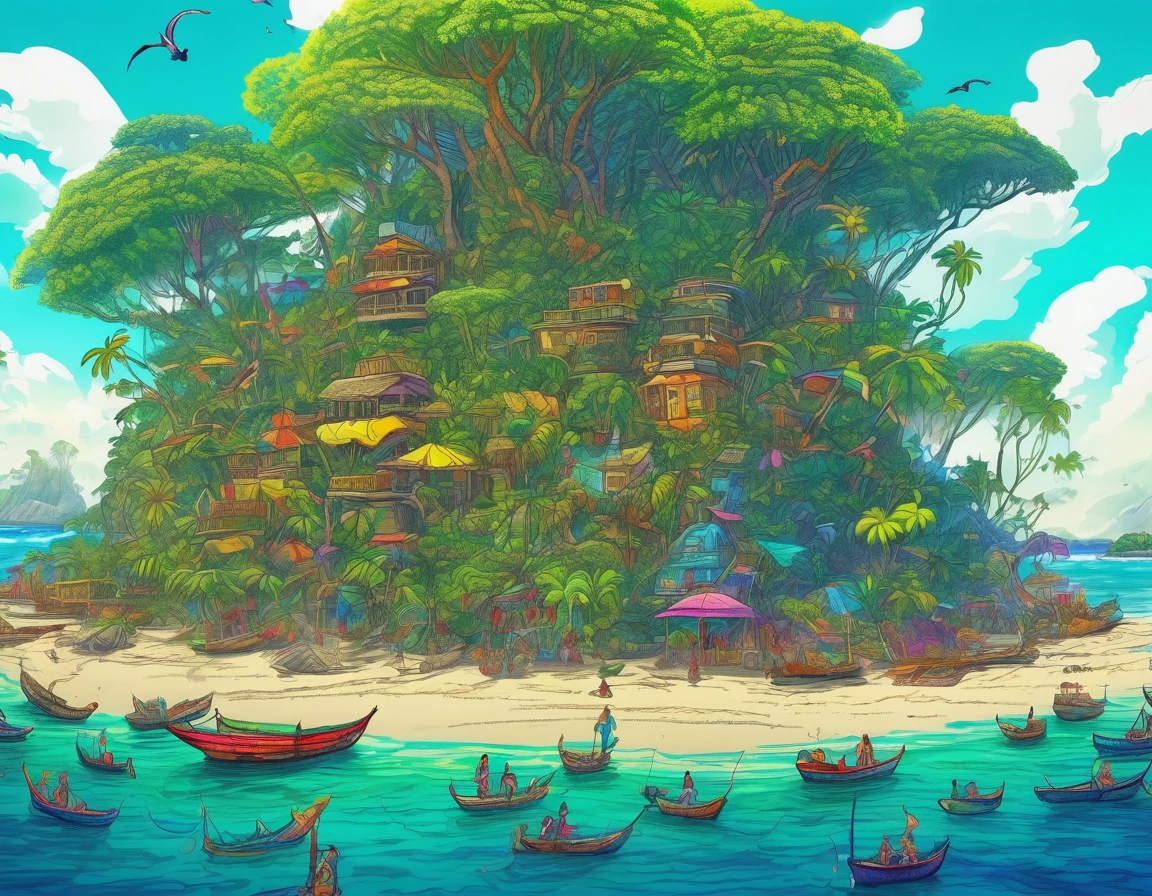 (Mysterious Island:2.0)、Tropical sandy beaches、Lush mangrove forest、A lot of beautiful women、smile、laughter、, Detailed marker outline, cute, Art Brut Style, Dynamic pose, whimsical expression, Bright and vibrant colors, Dynamic Lighting, Digital Painting, masterpiece, (Highest quality,4K,8k,High resolution,masterpiece:1.2),Very detailed,(Realistic,photoRealistic,photo-Realistic:1.37)