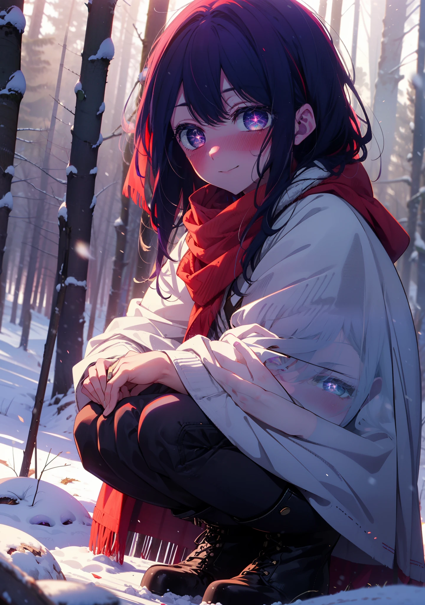 aihoshino, Ai Hoshino, Long Hair, bangs, (Purple eyes:1.1), Purple Hair, (Symbol-shaped pupil:1.5), smile,,smile,blush,white breath,
Open your mouth,snow,Ground bonfire, Outdoor, boots, snowing, From the side, wood, suitcase, Cape, Blurred, , forest, White handbag, nature, Squat, Mouth closed, Cape, winter, Written boundary depth, Black shoes, red Cape break looking at viewer, Upper Body, whole body, break Outdoor, forest, nature, break (masterpiece:1.2), Highest quality, High resolution, unity 8k wallpaper, (shape:0.8), (Beautiful and beautiful eyes:1.6), Highly detailed face, Perfect lighting, Highly detailed CG, (Perfect hands, Perfect Anatomy),