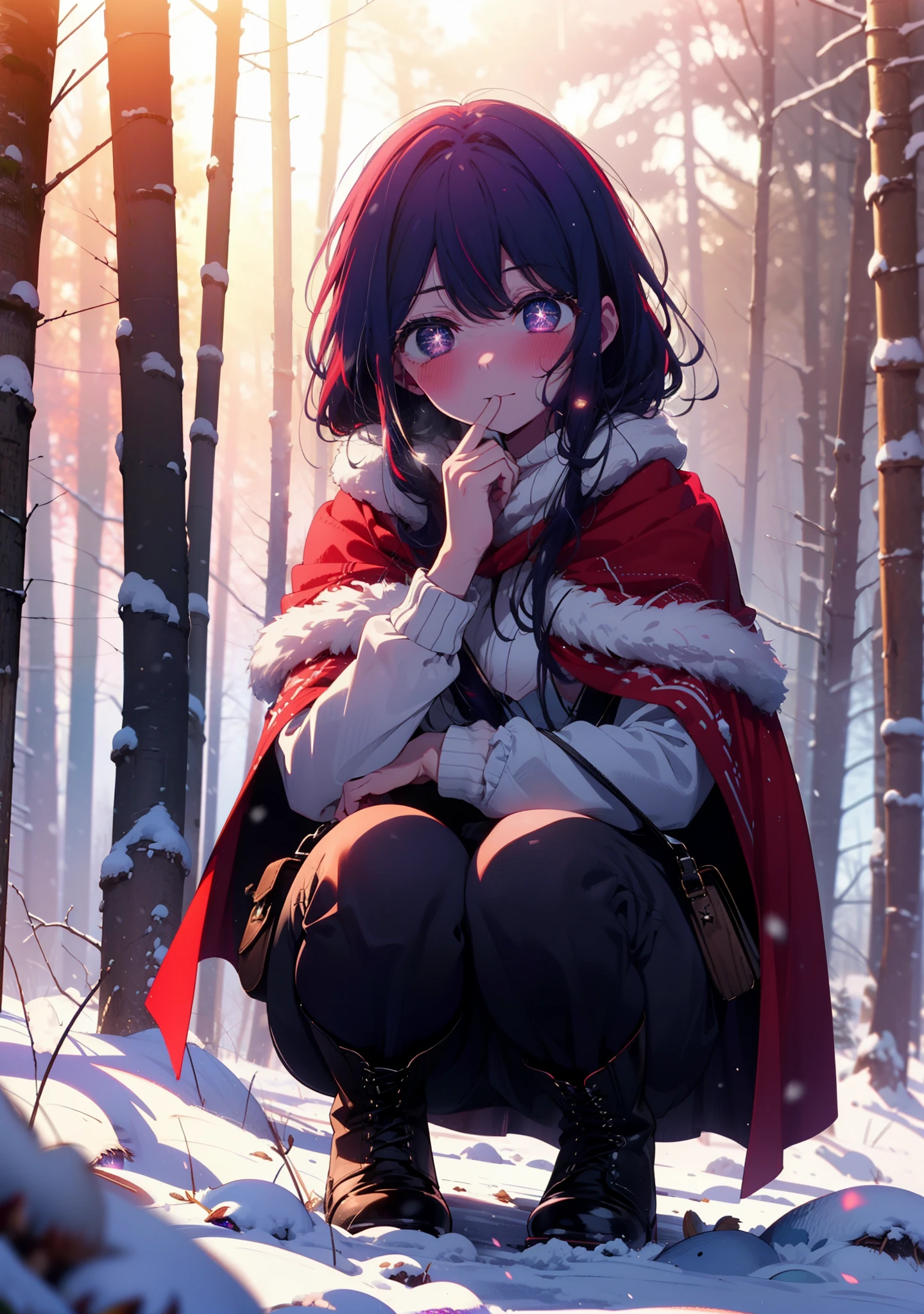 aihoshino, Ai Hoshino, Long Hair, bangs, (Purple eyes:1.1), Purple Hair, (Symbol-shaped pupil:1.5), smile,,smile,blush,white breath,
Open your mouth,snow,Ground bonfire, Outdoor, boots, snowing, From the side, wood, suitcase, Cape, Blurred, , forest, White handbag, nature, Squat, Mouth closed, Cape, winter, Written boundary depth, Black shoes, red Cape break looking at viewer, Upper Body, whole body, break Outdoor, forest, nature, break (masterpiece:1.2), Highest quality, High resolution, unity 8k wallpaper, (shape:0.8), (Beautiful and beautiful eyes:1.6), Highly detailed face, Perfect lighting, Highly detailed CG, (Perfect hands, Perfect Anatomy),