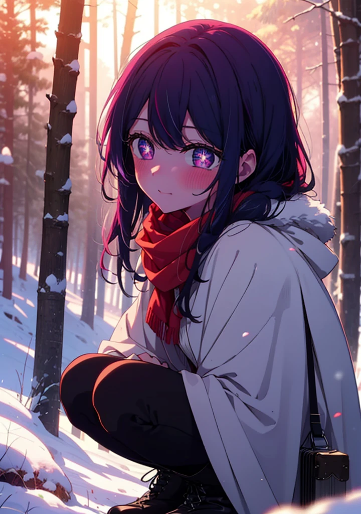 aihoshino, Ai Hoshino, Long Hair, bangs, (Purple eyes:1.1), Purple Hair, (Symbol-shaped pupil:1.5), smile,,smile,blush,white breath,
Open your mouth,snow,Ground bonfire, Outdoor, boots, snowing, From the side, wood, suitcase, Cape, Blurred, , forest, White handbag, nature, Squat, Mouth closed, Cape, winter, Written boundary depth, Black shoes, red Cape break looking at viewer, Upper Body, whole body, break Outdoor, forest, nature, break (masterpiece:1.2), Highest quality, High resolution, unity 8k wallpaper, (shape:0.8), (Beautiful and beautiful eyes:1.6), Highly detailed face, Perfect lighting, Highly detailed CG, (Perfect hands, Perfect Anatomy),