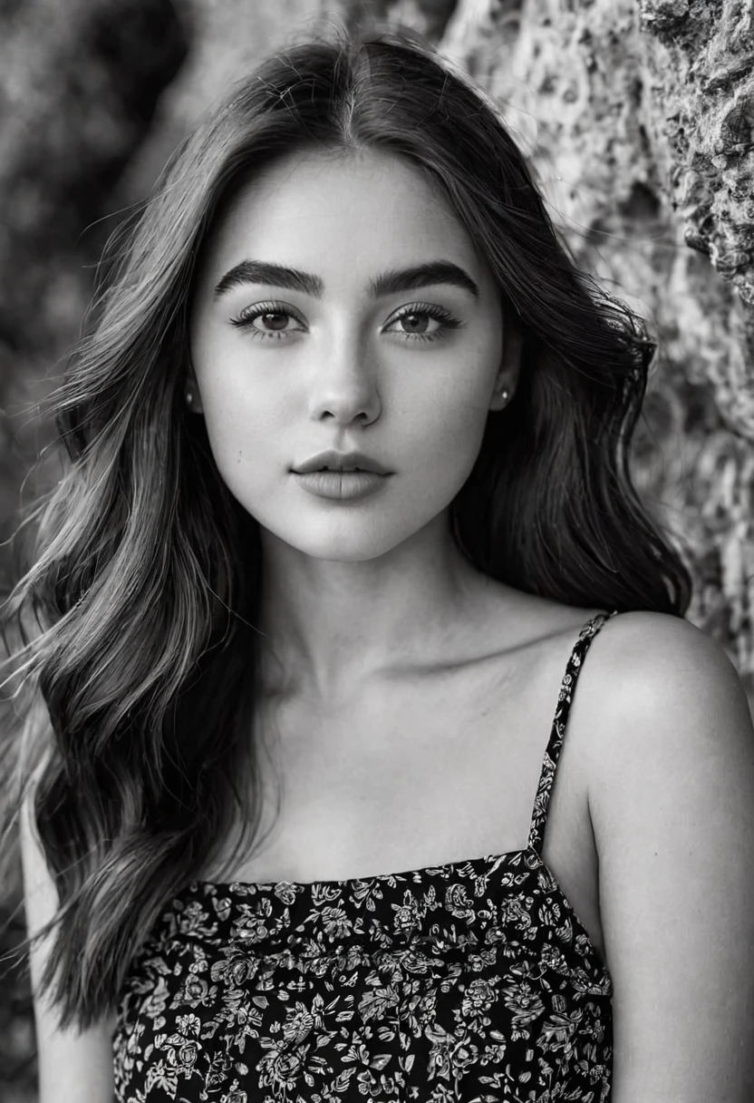 detailed portrait Photo of a beautiful 20yo woman who is an instgram influencer, detailed rich background by Ansel Adams