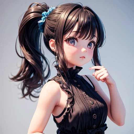 Drawing of a girl in a ponytail and dress, cute 3d rendering, cute detailed digital art, mini cute girl, cute digital painting, 3D rendering style, cute digital art, cute rendering 3d anime girl, Small Curvy , cute! C4D, One character's whole body, Standing on a white pedestal