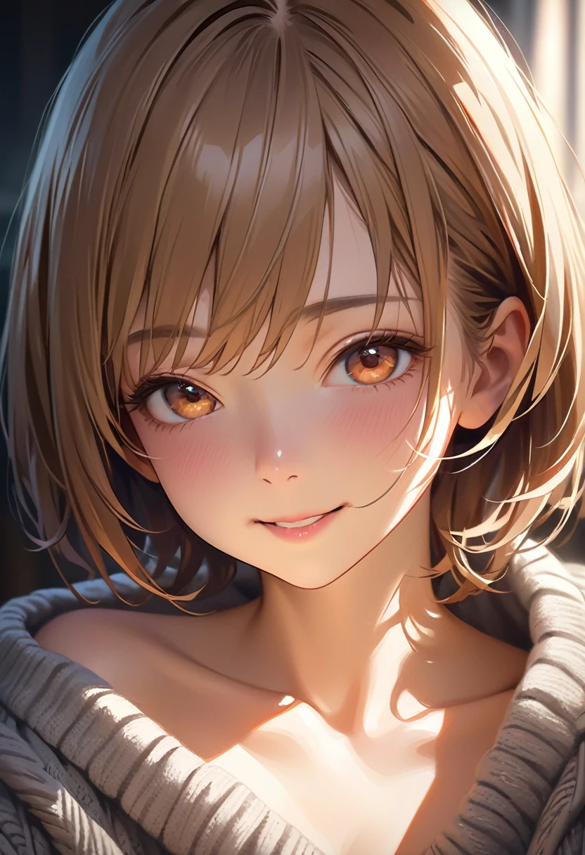 (masterpiece, face focus,: 1.3), (8K, Raw Photography, Top Image Quality: 1.4), gravure, 12yo Japan junior high School Girl, showing Cleavage of the Breast:1.2, Super Detail Face, Eye of Detail, Double Eyelid, Bring Your chest Together, Sharp Focus:1.2, Pretty:1.4, Light Brown Hair, Top-Quality, Super A High Resolution, (Photorealistic: 1.4), Highly Detailed and professional lighting smile, loose and light knitwear, strapless, shoulder out, slender body, natural facial expression, short hair, fatal position