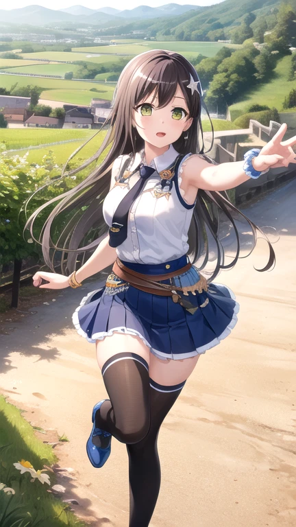 ((masterpiece)), (best quality), official art, extremely detailed CG, unity 8k wallpaper, ultra detailed, highly detailed, detailed background, vivid color,
1girl, tae,black hair,long hair,green eyes, 
skirt, shirt, thighhighs, bow, white shirt, pleated skirt, frills, necktie, sleeveless, collared shirt, belt, miniskirt, star symbol, bracelet, blue skirt, zettai ryouiki, sleeveless shirt, blue bow, blue footwear,  
Leaping with one hand reaching up, vineyard, sprawling countryside, terraced slopes, winery, 
 