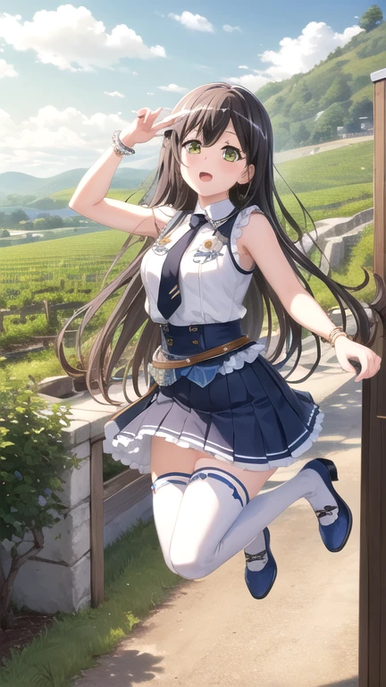 ((masterpiece)), (best quality), official art, extremely detailed CG, unity 8k wallpaper, ultra detailed, highly detailed, detailed background, vivid color,
1girl, tae,black hair,long hair,green eyes, 
skirt, shirt, thighhighs, bow, white shirt, pleated skirt, frills, necktie, sleeveless, collared shirt, belt, miniskirt, star symbol, bracelet, blue skirt, zettai ryouiki, sleeveless shirt, blue bow, blue footwear,  
Leaping with one hand reaching up, vineyard, sprawling countryside, terraced slopes, winery, 
 