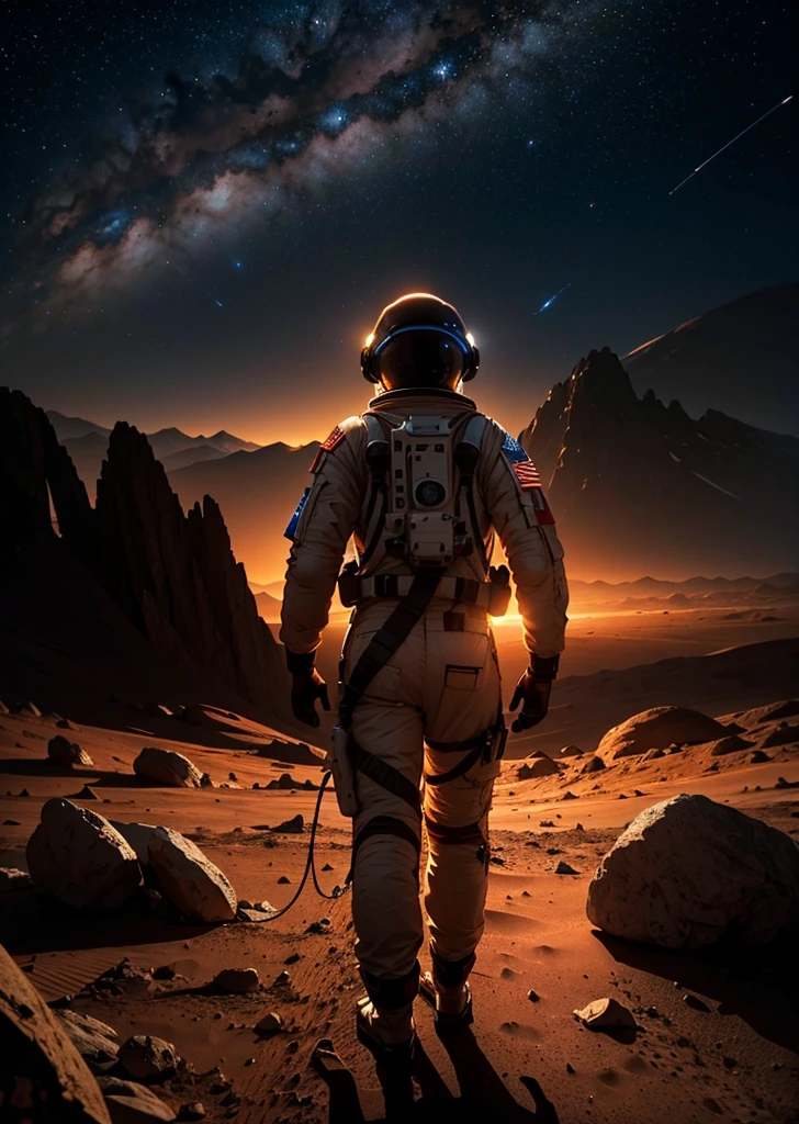 An astronaut walking on Mars at night, with an environment filled with rocks, stones, mountains, and peaks. The scene is viewed from behind the astronaut, so the viewer sees the astronaut from the back. The Martian sky is dark with stars visible, and the landscape is illuminated by the astronaut's suit lights.