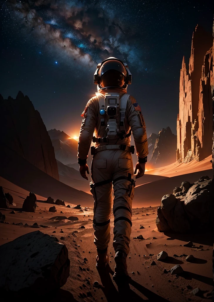 An astronaut walking on Mars at night, with an environment filled with rocks, stones, mountains, and peaks. The scene is viewed from behind the astronaut, so the viewer sees the astronaut from the back. The Martian sky is dark with stars visible, and the landscape is illuminated by the astronaut's suit lights.