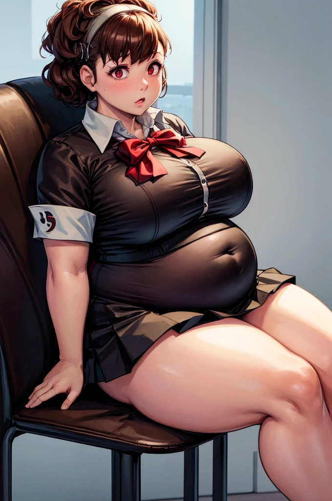 (masterpiece, best quality, highres, absurdres), 1girl, big belly, chubby arms, thighs, art by kipteitei, uniform, brown hair, black knee high skirt, white button up shirt, bow, armband, digital media player, headphones, chubby, embarrassed, flushed, sitting down with legs together, poking belly, shirt buttons popping