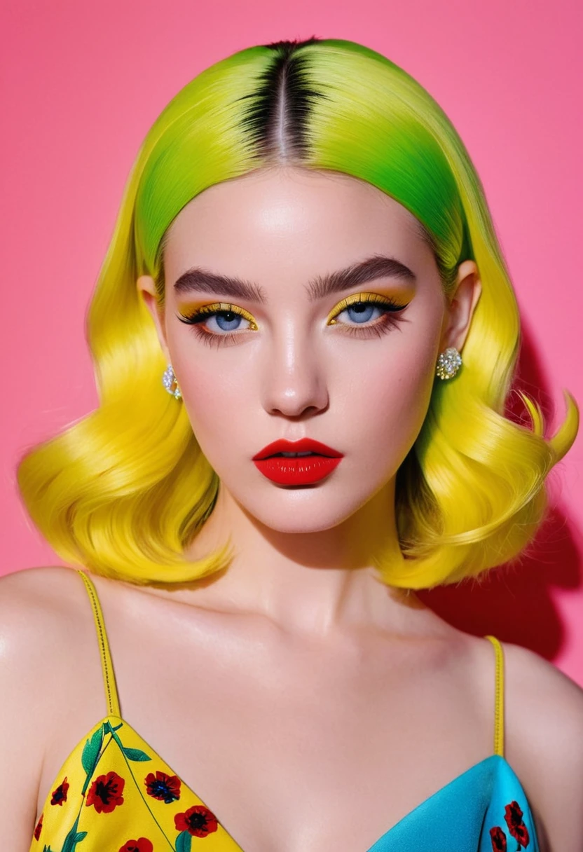 detailed portrait Photo of a beautiful 20yo woman who is an instgram influencer, detailed rich background by Miles Aldridge