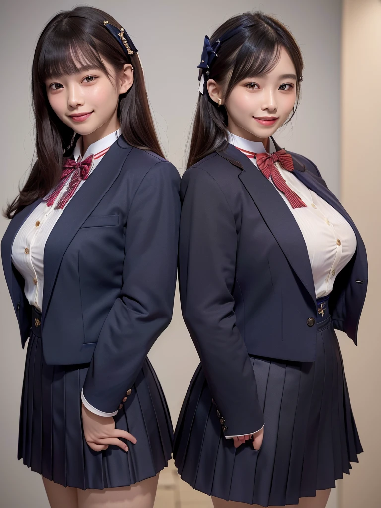 Highest quality、masterpiece、8k、Very detailed、Realistic、(Both girls dressed the same)、(Looking at me with a smile:1.5)、whole body、Black Hair、Small face、(Slender:1.2)、(Big Breasts:1.2)、(White business shirt with buttons and a collar:1.2)、(Navy blue short pleated skirt:1.2)、(Navy blue business jacket:1.2)、(Red color bow tie:1.2)