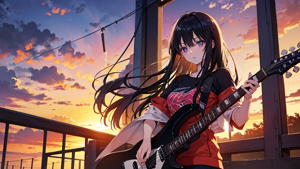 Sunset City、A dark-haired woman is holding a guitar