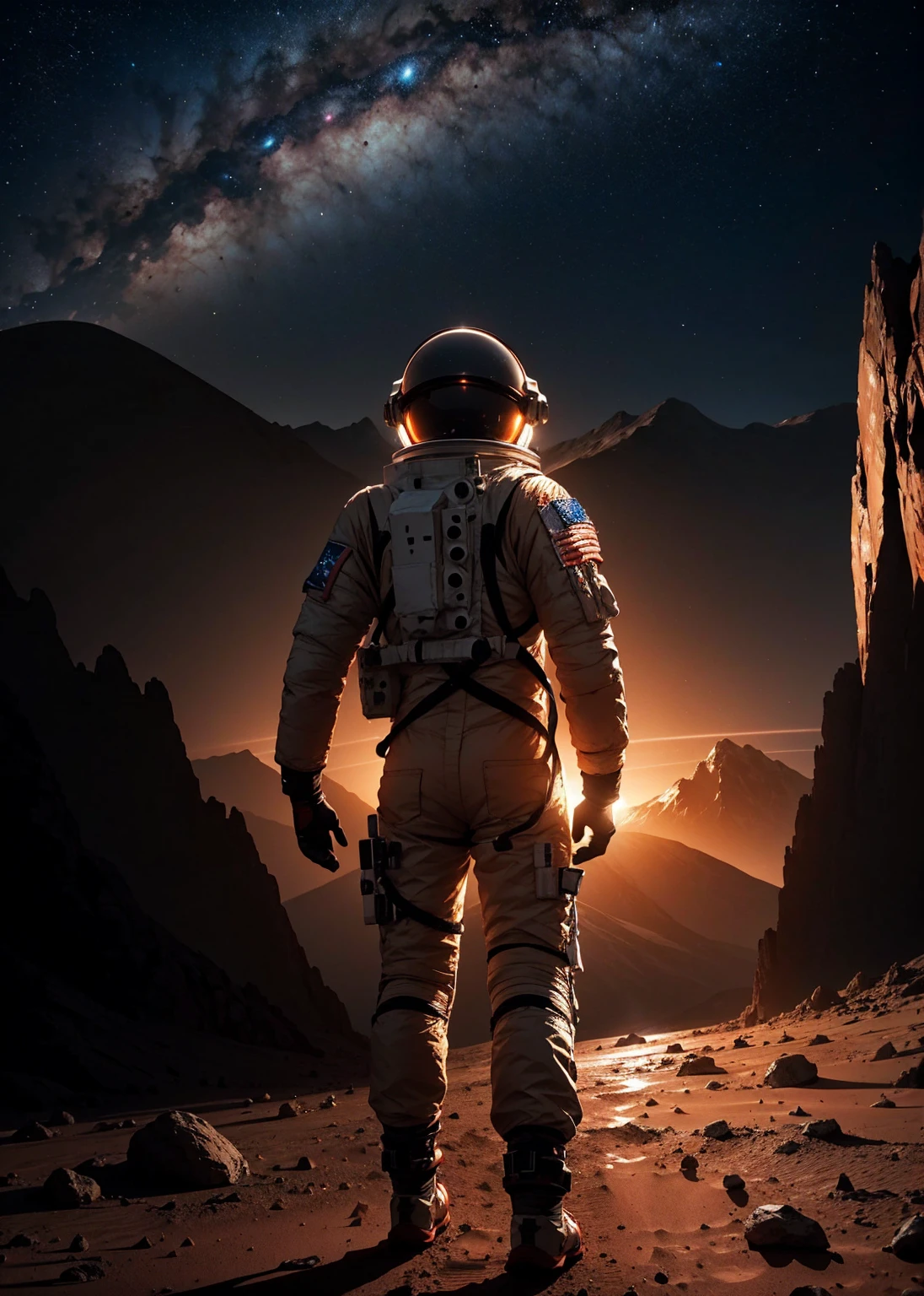 An astronaut walking on Mars at night, with an environment filled with rocks, stones, mountains, and peaks. The scene is viewed from behind the astronaut, so the viewer sees the astronaut from the back. The Martian sky is dark with stars visible, and the landscape is illuminated by the astronaut's suit lights.
