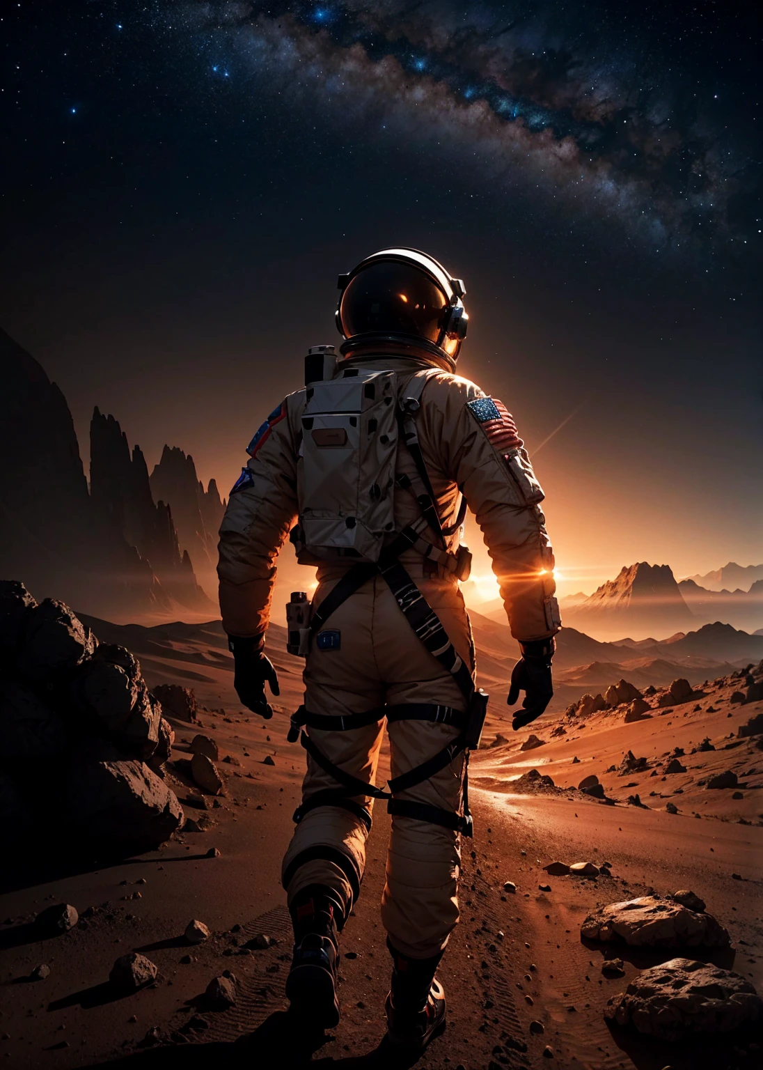 An astronaut walking on Mars at night, with an environment filled with rocks, stones, mountains, and peaks. The scene is viewed from behind the astronaut, so the viewer sees the astronaut from the back. The Martian sky is dark with stars visible, and the landscape is illuminated by the astronaut's suit lights.