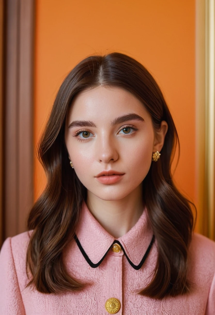 detailed portrait Photo of a beautiful 20yo woman who is an instgram influencer, detailed rich background by Wes Anderson