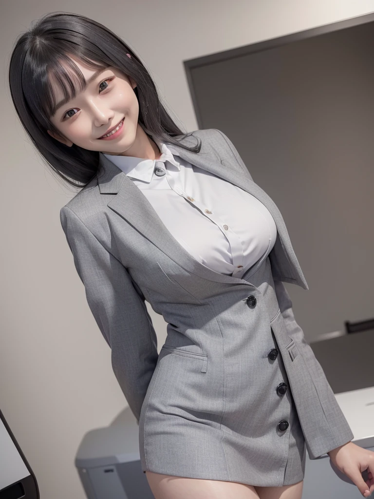 Highest quality、masterpiece、8k、Very detailed、Realistic、(One girl)、(Looking at me with a smile:1.5)、whole body、Black Hair、Small face、(Slender:1.2)、(Big Breasts:1.2)、(White business shirt with buttons and a collar:1.2)、(short tight skirt in gray,:1.2)、(Grey business jacket:1.2)、(Erect nipples:1.2)