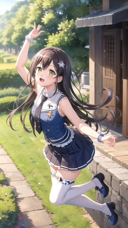 ((masterpiece)), (best quality), official art, extremely detailed CG, unity 8k wallpaper, ultra detailed, highly detailed, detailed background, vivid color,
1girl, tae,black hair,long hair,green eyes, 
skirt, shirt, thighhighs, bow, white shirt, pleated skirt, frills, necktie, sleeveless, collared shirt, belt, miniskirt, star symbol, bracelet, blue skirt, zettai ryouiki, sleeveless shirt, blue bow, blue footwear,  
Leaping with one hand reaching up, vineyard, sprawling countryside, terraced slopes, winery, 
 