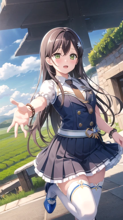 ((masterpiece)), (best quality), official art, extremely detailed CG, unity 8k wallpaper, ultra detailed, highly detailed, detailed background, vivid color,
1girl, tae,black hair,long hair,green eyes, 
skirt, shirt, thighhighs, bow, white shirt, pleated skirt, frills, necktie, sleeveless, collared shirt, belt, miniskirt, star symbol, bracelet, blue skirt, zettai ryouiki, sleeveless shirt, blue bow, blue footwear,  
Leaping with one hand reaching up, vineyard, sprawling countryside, terraced slopes, winery, 
 