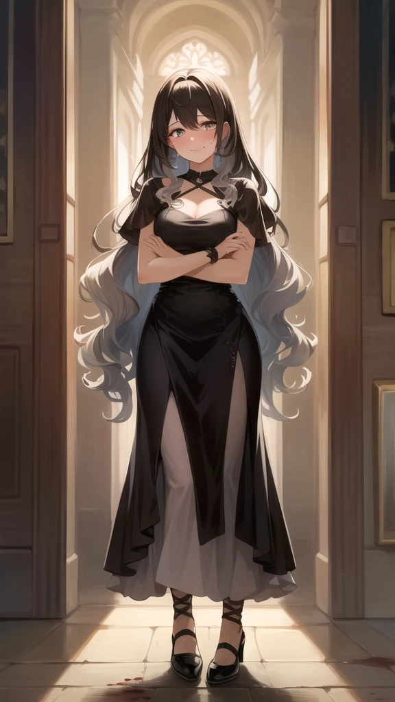 (masterpiece:1.2, best quality:1.1, highres,absurdres, high quality),(photorealistic:1.1),reflected light, colorful,ultra-detailed, ultra hd, super detailed,
1 girl, a beautiful curly-haired woman cries in her last breath with a smile and her elegant dress full of bloodstains, with her arms held tightly by someone else, Half Body, Medieval Fantasy Era. 