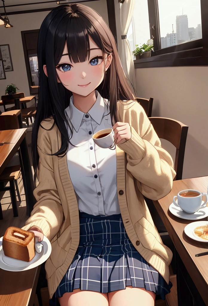 Very cute and beautiful girl sitting on a chair in a cafe,(Very detailed美しい顔),
White blouse,smile,Happy,(Beige cardigan) BREAK zettai ryouiki,Black Hair,
(Blue checked mini skirt:1.2),(Cup of tea),(Honey toast on a plate),(Salad in a bowl),window,Ocean View,
(Highest quality,masterpiece:1.0),Absurd,High resolution,Very detailed,Very detailed,32K,8k resolution,
Intricate details,Movie Scenes,Detailed Background,alone,Dynamic Angle,