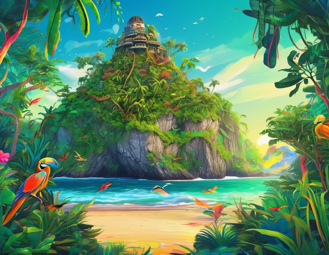 (Mysterious Island:2.0)、Tropical sandy beaches、Lush mangrove forest、animal、Detailed marker outline, cute, Art Brut Style, Dynamic pose, whimsical expression, Bright and vibrant colors, Dynamic Lighting, Digital Painting, masterpiece, (Highest quality,4K,8k,High resolution,masterpiece:1.2),Very detailed,(Realistic,photoRealistic,photo-Realistic:1.37)