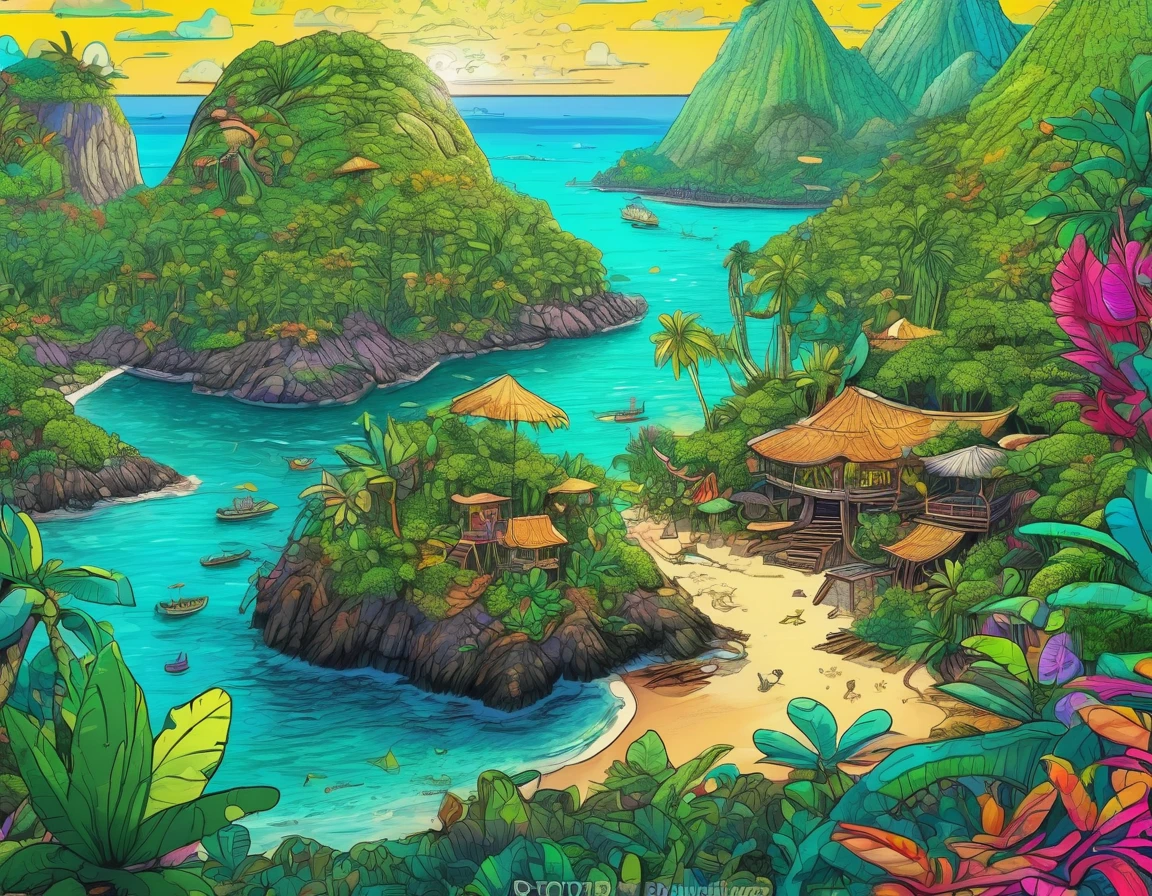(Mysterious Island:2.0)、Tropical sandy beaches、Lush mangrove forest、animal、Detailed marker outline, cute, Art Brut Style, Dynamic pose, whimsical expression, Bright and vibrant colors, Dynamic Lighting, Digital Painting, masterpiece, (Highest quality,4K,8k,High resolution,masterpiece:1.2),Very detailed,(Realistic,photoRealistic,photo-Realistic:1.37)
