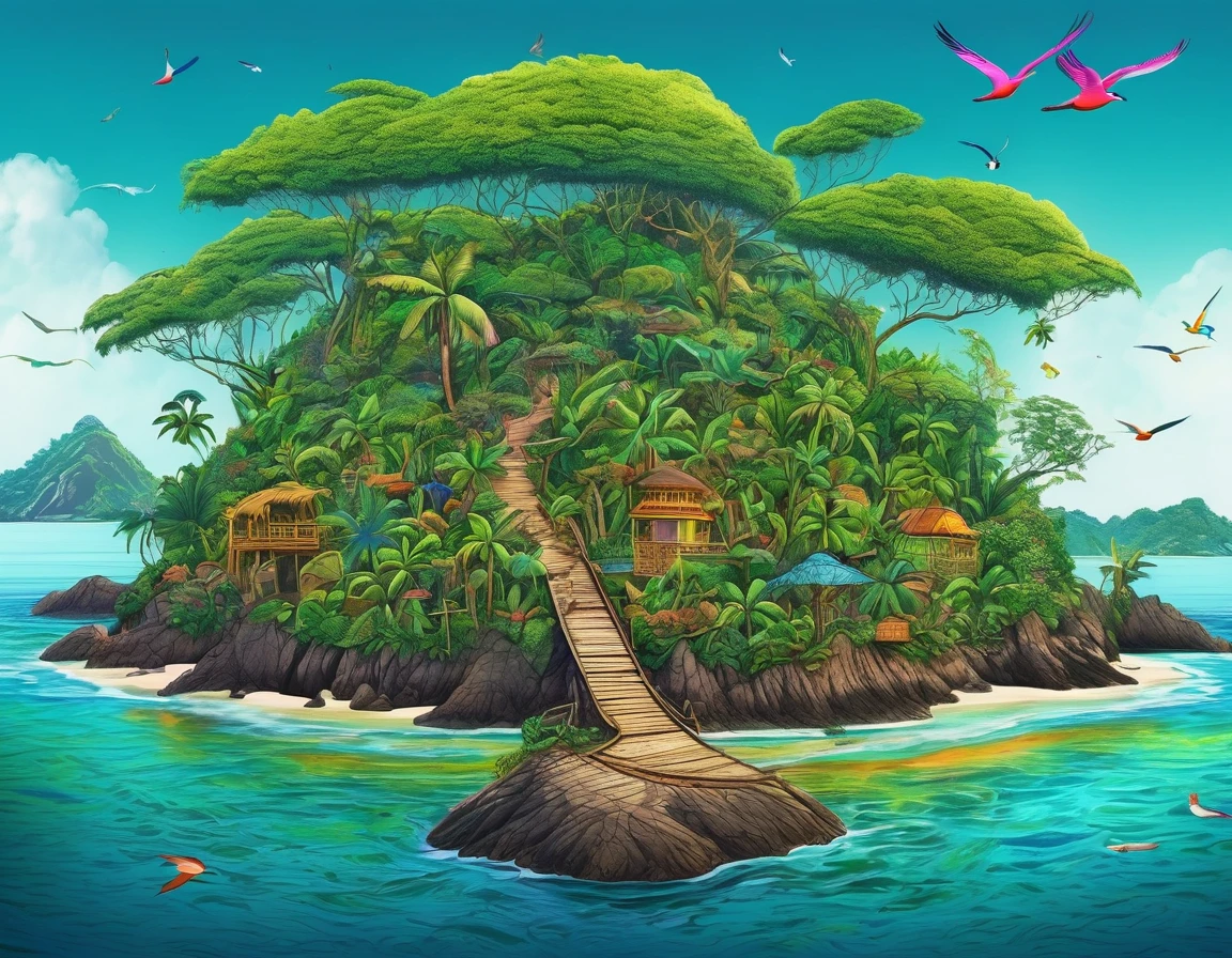 (Mysterious Island:2.0)、Tropical sandy beaches、Lush mangrove forest、animal、Detailed marker outline, cute, Art Brut Style, Dynamic pose, whimsical expression, Bright and vibrant colors, Dynamic Lighting, Digital Painting, masterpiece, (Highest quality,4K,8k,High resolution,masterpiece:1.2),Very detailed,(Realistic,photoRealistic,photo-Realistic:1.37)