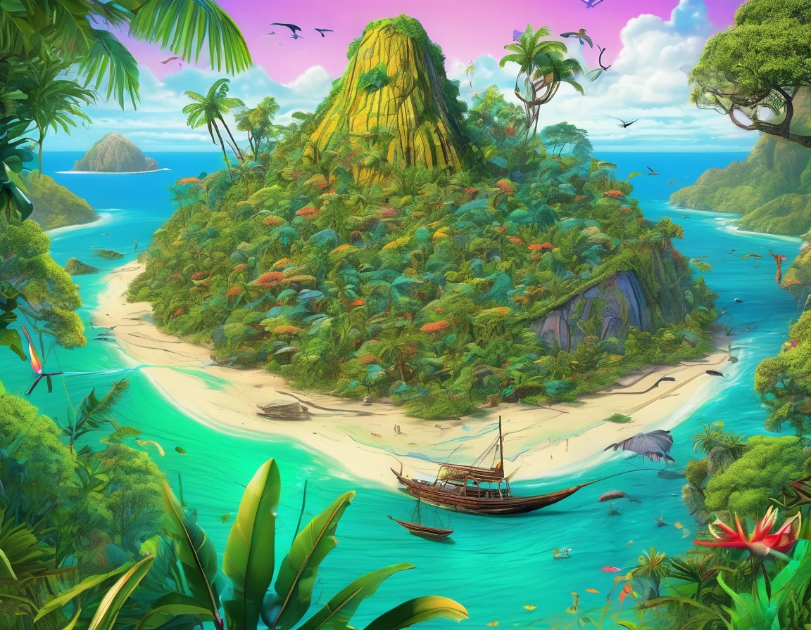 (Mysterious Island:2.0)、Tropical sandy beaches、Lush mangrove forest、animal、Detailed marker outline, cute, Art Brut Style, Dynamic pose, whimsical expression, Bright and vibrant colors, Dynamic Lighting, Digital Painting, masterpiece, (Highest quality,4K,8k,High resolution,masterpiece:1.2),Very detailed,(Realistic,photoRealistic,photo-Realistic:1.37)