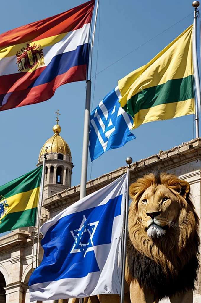 Flags of Israel Italy and Venezuela with lion Christian war