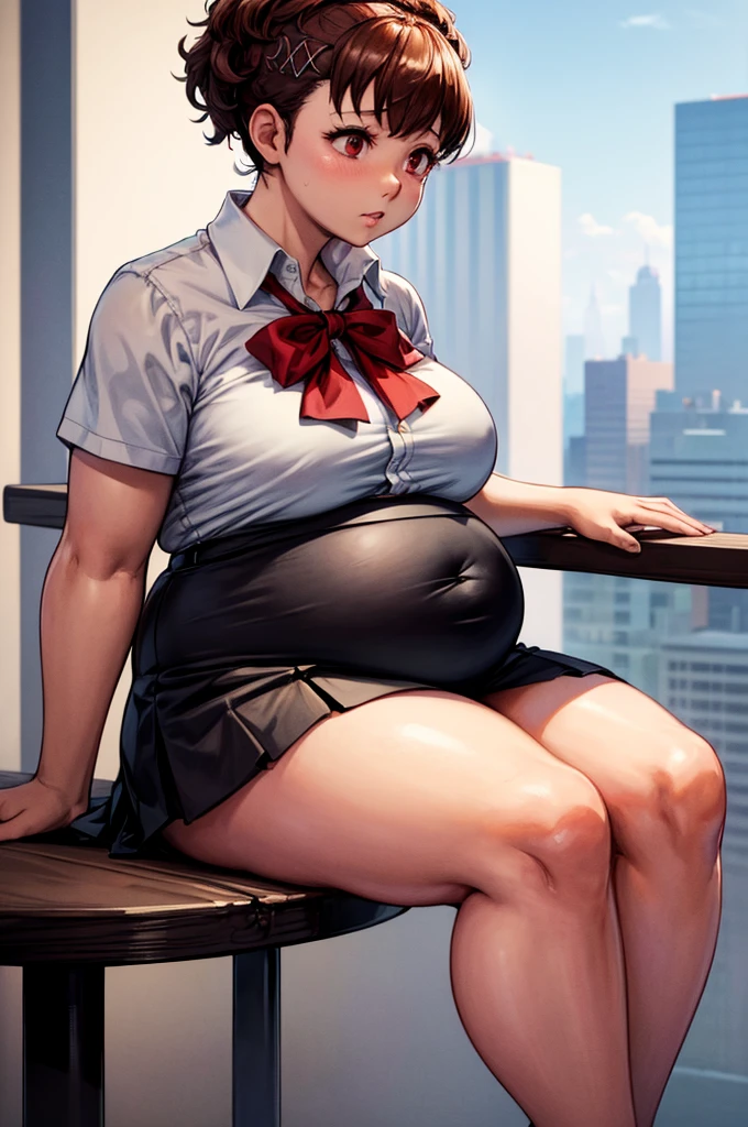 (masterpiece, best quality, highres, absurdres), 1girl, big belly, chubby arms, thighs, art by kipteitei, uniform, brown hair, black knee high skirt, white button up shirt, bow, armband, digital media player, headphones, chubby, embarrassed, flushed, sitting down with legs together, poking belly, shirt buttons popping