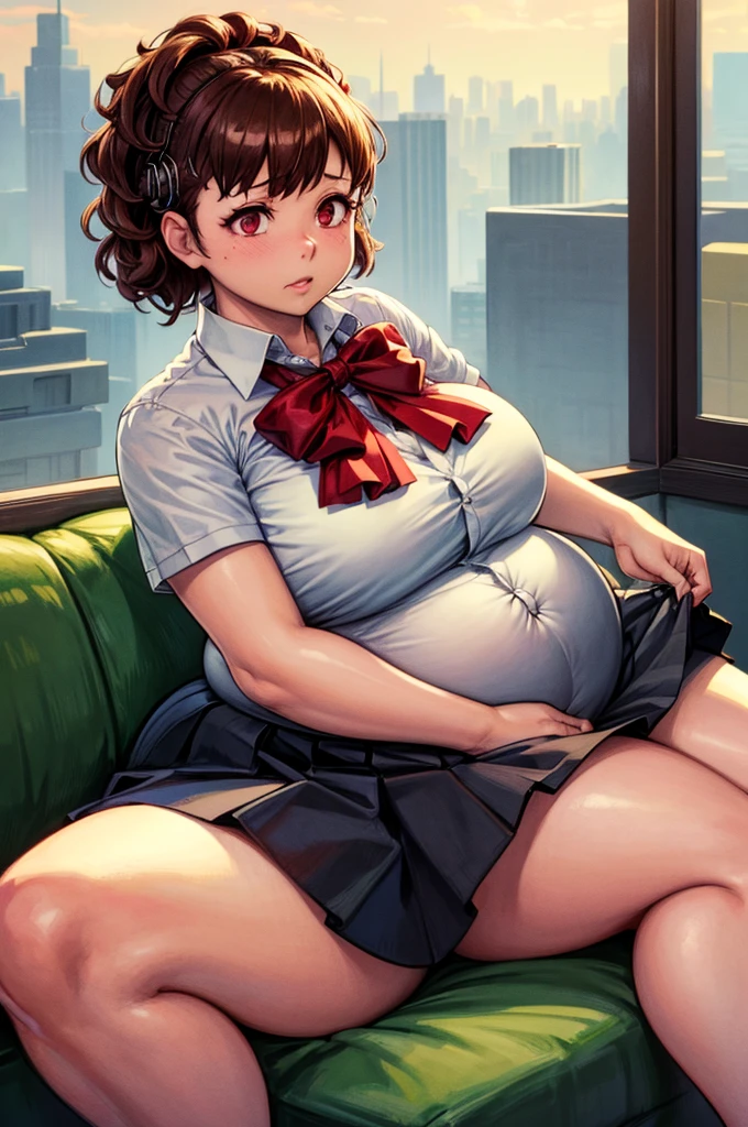 (masterpiece, best quality, highres, absurdres), 1girl, big belly, chubby arms, thighs, art by kipteitei, uniform, brown hair, black knee high skirt, white button up shirt, bow, armband, digital media player, headphones, chubby, embarrassed, flushed, sitting down with legs together, poking belly, shirt buttons popping