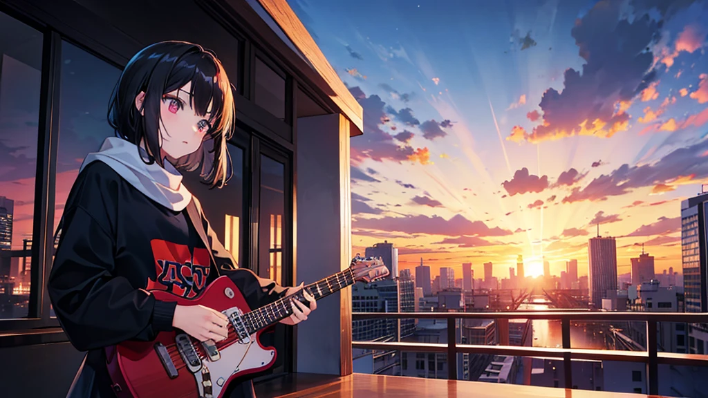 Sunset City、A dark-haired woman is holding a guitar
