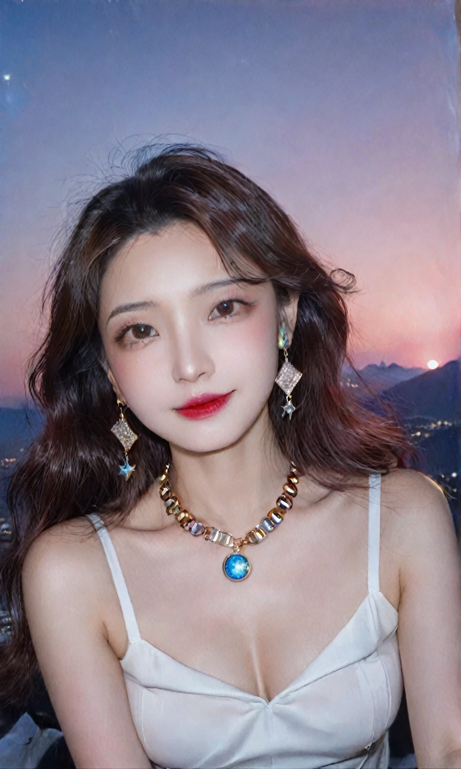 (Canon RF85mm f/1.2,best quality,Reality:1.4,light),(1 girl,Korean mixed,Korean Idol:1.2,beautiful long_slim_leg),(long_Brown_Wavy_hair),(Lipstick,red Lips,pink_shining_Lips,pink_Eyeshadow,eyelash,powder_Blush,cosmetic),(White_shining_skin,black eyes,Pores,skin texture,shining),(necklace,earrings,bracelet),Large Breasts,Smile,Dynamic poses,
((Pattern Printing)),((night,Fauvist oil painting, enigmaticandcaptivating, observatory, is located at the top of the peak, Enjoy stunning starry views, Backlight, Effect lights)),