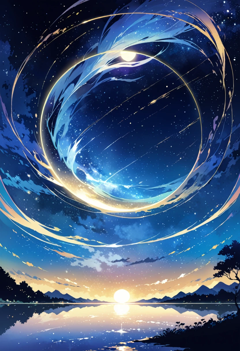 A condensed beauty of a painting of a river and the stars and moon in the sky, Concept art inspired by Mitsuoki Tosa, pixiv Contest Winner, highest quality, Fantasy art, Beautiful anime scene, Bright moon circle, Starry Sky environment in the moonlight, Dream Painting, Anime Background art, Dreamscape Painting, Great night, Anime Background, Background artwork, Great art, Atmospheric anime, Starry Sky, Detail enhancement. no humans land scape