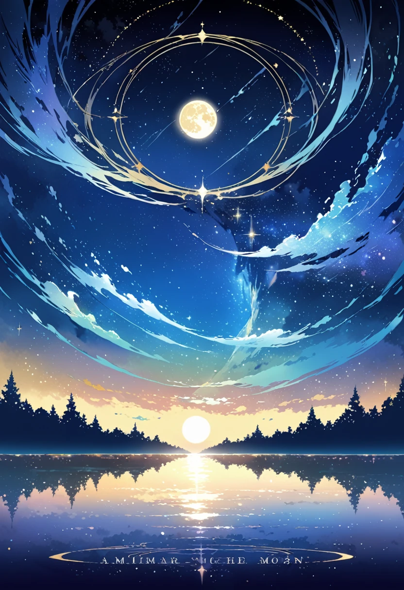 A condensed beauty of a painting of a river and the stars and moon in the sky, Concept art inspired by Mitsuoki Tosa, pixiv Contest Winner, highest quality, Fantasy art, Beautiful anime scene, Bright moon circle, Starry Sky environment in the moonlight, Dream Painting, Anime Background art, Dreamscape Painting, Great night, Anime Background, Background artwork, Great art, Atmospheric anime, Starry Sky, Detail enhancement. no humans land scape