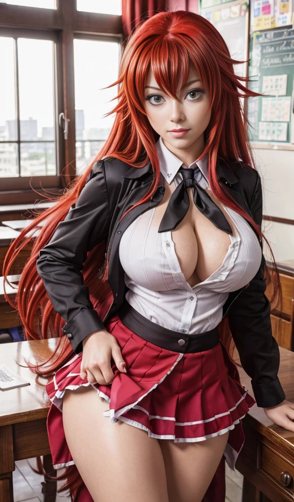 (best quality, masterpiece, colorful, highest detailed), ((photorealistic:1.2)) , raw photo, ((rias gremory)),sexy, big breasts, in classroom,, mini skirt,unbottoned shirt, (vibrant color), (intricate details), dynamic angle
