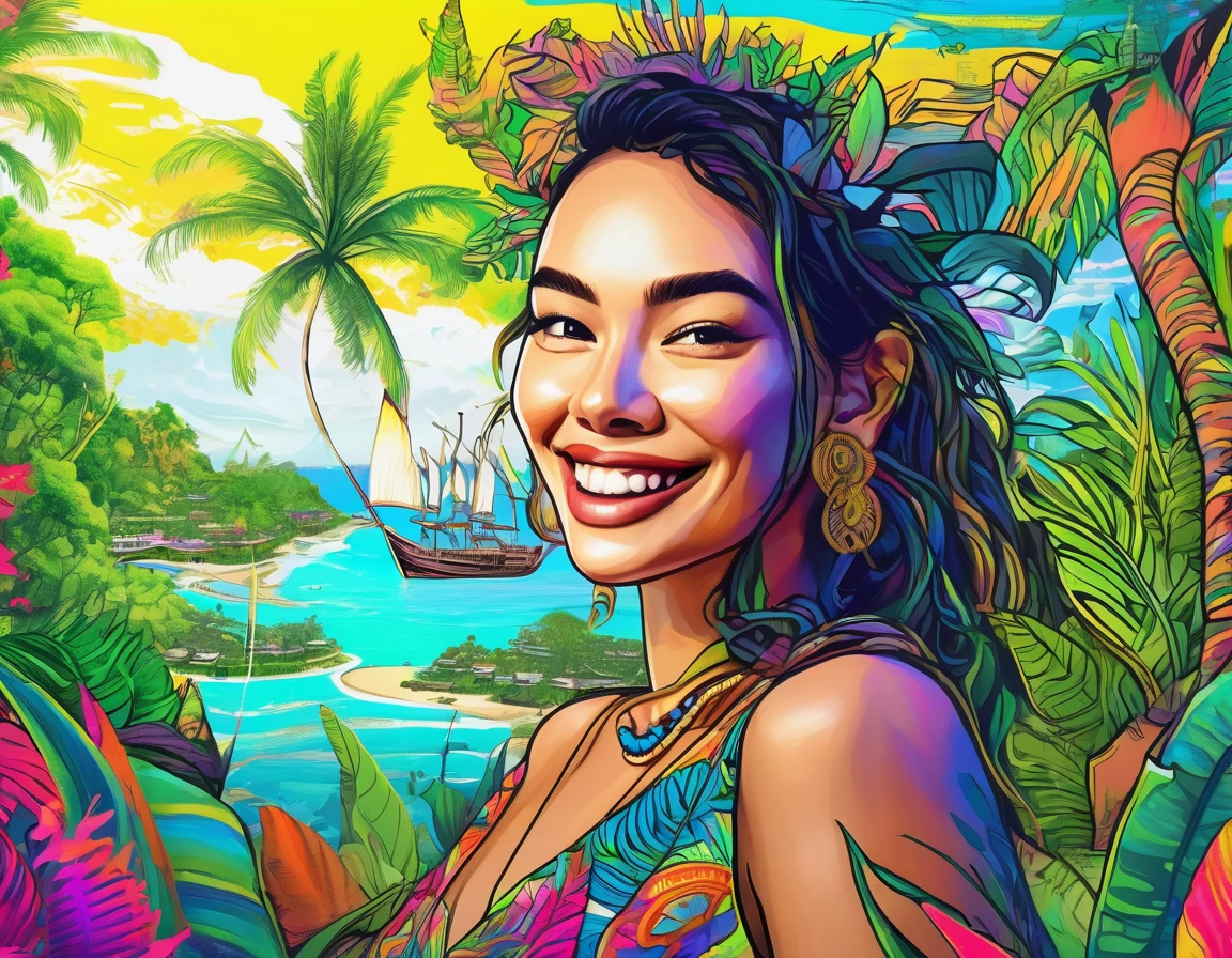 (Mysterious Island:2.0)、Tropical sandy beaches、Lush mangrove forest、A lot of beautiful women、smile、laughter、, Detailed marker outline, cute, Art Brut Style, Dynamic pose, whimsical expression, Bright and vibrant colors, Dynamic Lighting, Digital Painting, masterpiece, (Highest quality,4K,8k,High resolution,masterpiece:1.2),Very detailed,(Realistic,photoRealistic,photo-Realistic:1.37)