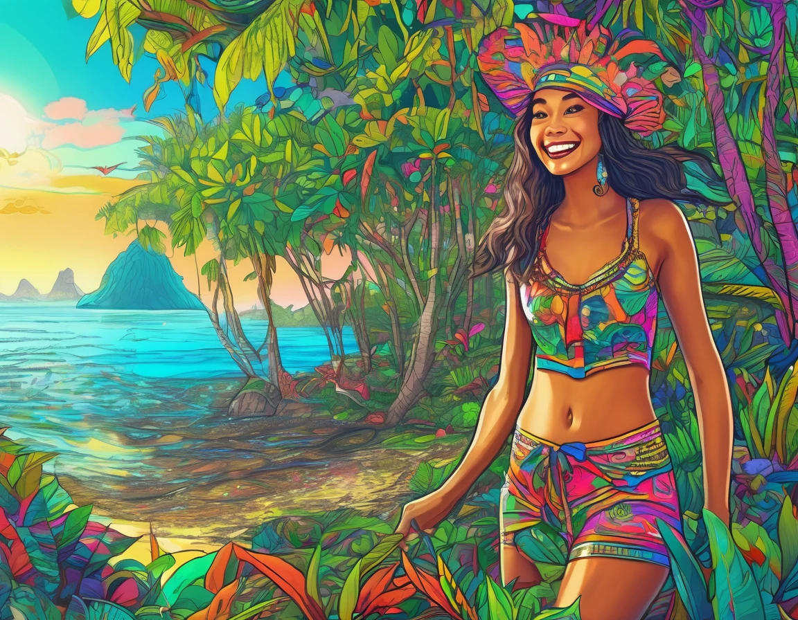 (Mysterious Island:2.0)、Tropical sandy beaches、Lush mangrove forest、A lot of beautiful women、smile、laughter、, Detailed marker outline, cute, Art Brut Style, Dynamic pose, whimsical expression, Bright and vibrant colors, Dynamic Lighting, Digital Painting, masterpiece, (Highest quality,4K,8k,High resolution,masterpiece:1.2),Very detailed,(Realistic,photoRealistic,photo-Realistic:1.37)