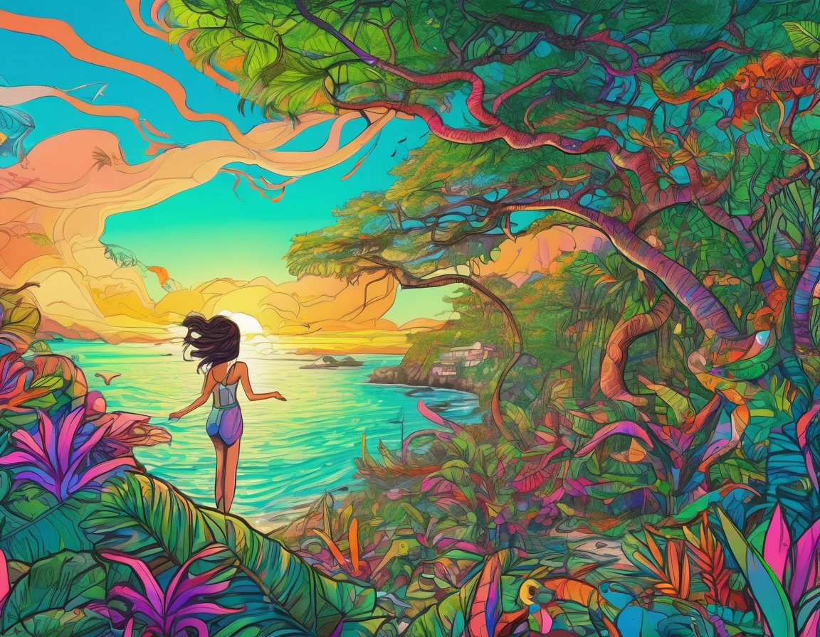 (Mysterious Island:2.0)、Tropical sandy beaches、Lush mangrove forest、A lot of beautiful women、smile、laughter、, Detailed marker outline, cute, Art Brut Style, Dynamic pose, whimsical expression, Bright and vibrant colors, Dynamic Lighting, Digital Painting, masterpiece, (Highest quality,4K,8k,High resolution,masterpiece:1.2),Very detailed,(Realistic,photoRealistic,photo-Realistic:1.37)