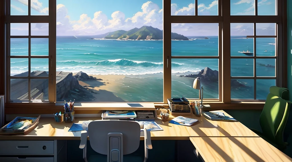 anime, Ocean View Room, Realistic paintings inspired by Michael Komarck, Talked about at the art station, magical realism, Nobody is here、Work Desk、 null. by makoto shinkai, ( ( Makoto Shinkai ) ), by makoto shinkai, Relaxing concept art, Makoto Shinkai. —h 2160
