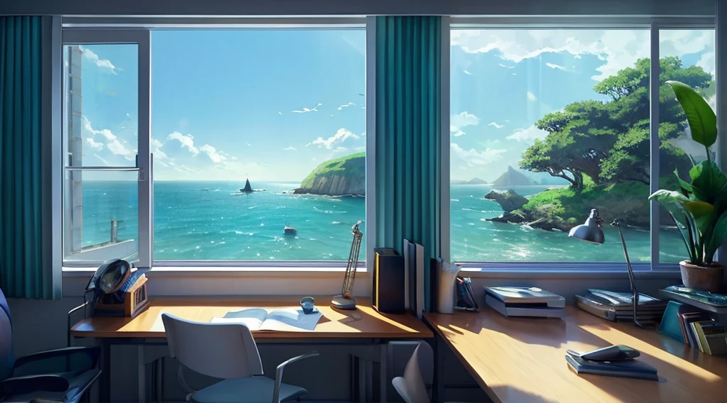 anime, Ocean View Room, Realistic paintings inspired by Michael Komarck, Talked about at the art station, magical realism, Nobody is here、Work Desk、 null. by makoto shinkai, ( ( Makoto Shinkai ) ), by makoto shinkai, Relaxing concept art, Makoto Shinkai. —h 2160