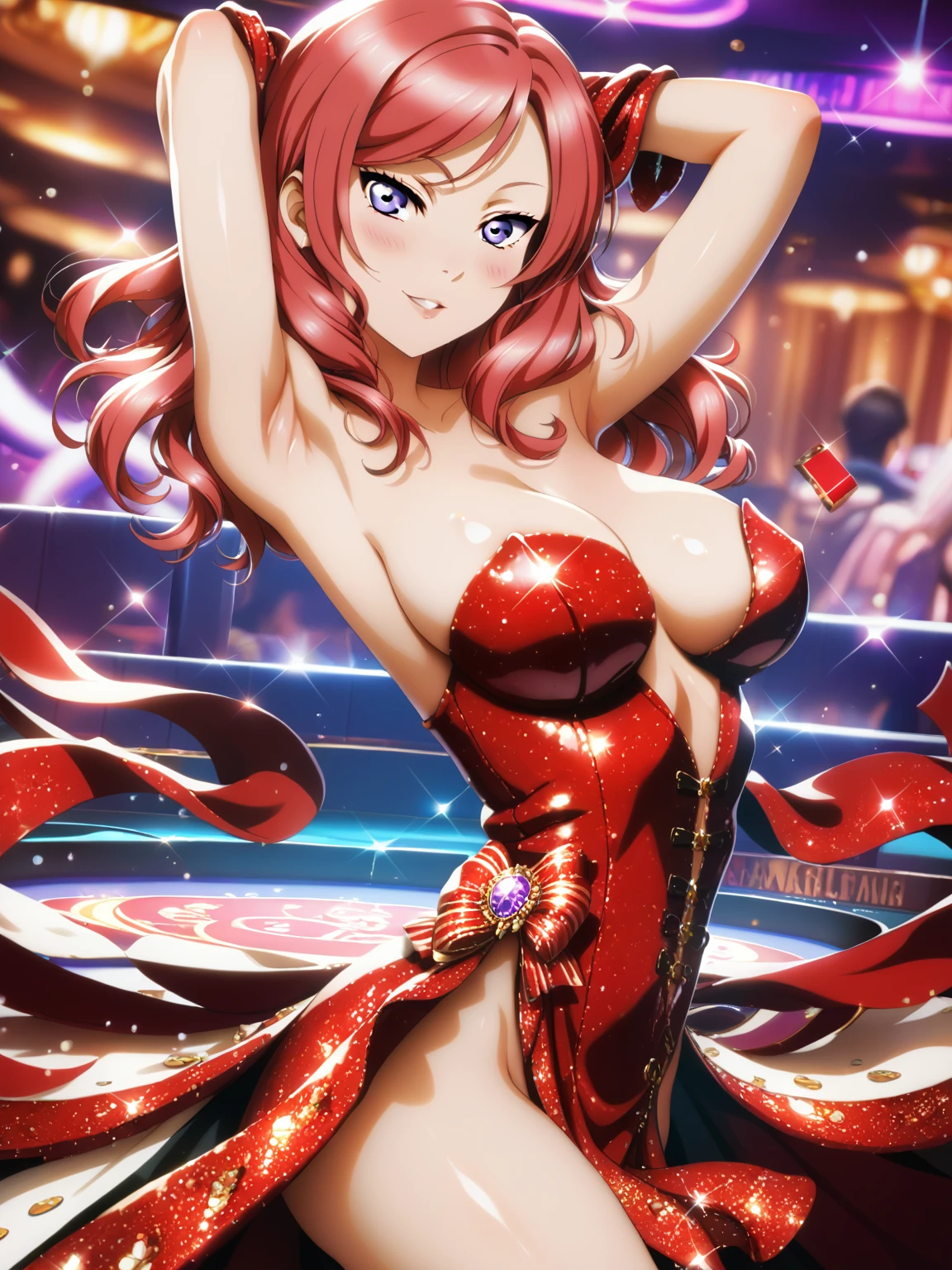 masterpiece, best quality,solo, nishikino maki,red hair, purple eyes,sexy strapless dress, standing , arms up , armpits,shiny skin, Sexual seduction, sexualised ,in casino , busty breasts 