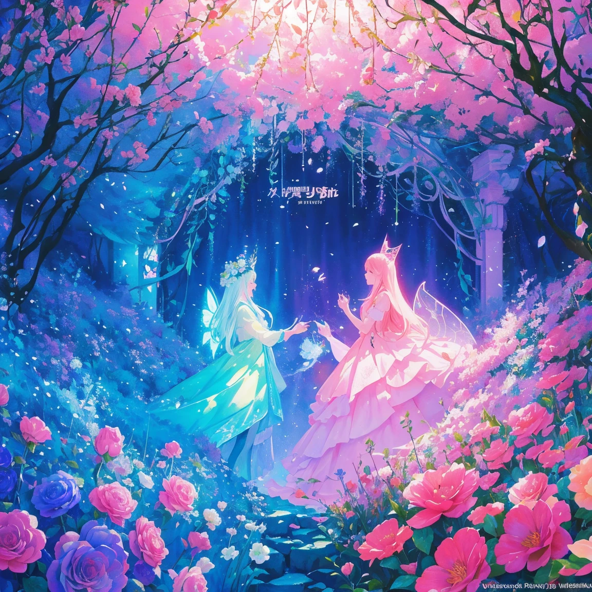 florals ,Colorful flowers ,background are the flowers,Surrounded by flowers,Seamless design,Fantasy Forest, neonlight, Realistic, Glow,Manhwa Style, Paint with vivid watercolors ,extremely detaile, highly detailed, tmasterpiece, Fairy tale background, in wonderland, Dynamic colors, Fairytale glow,
