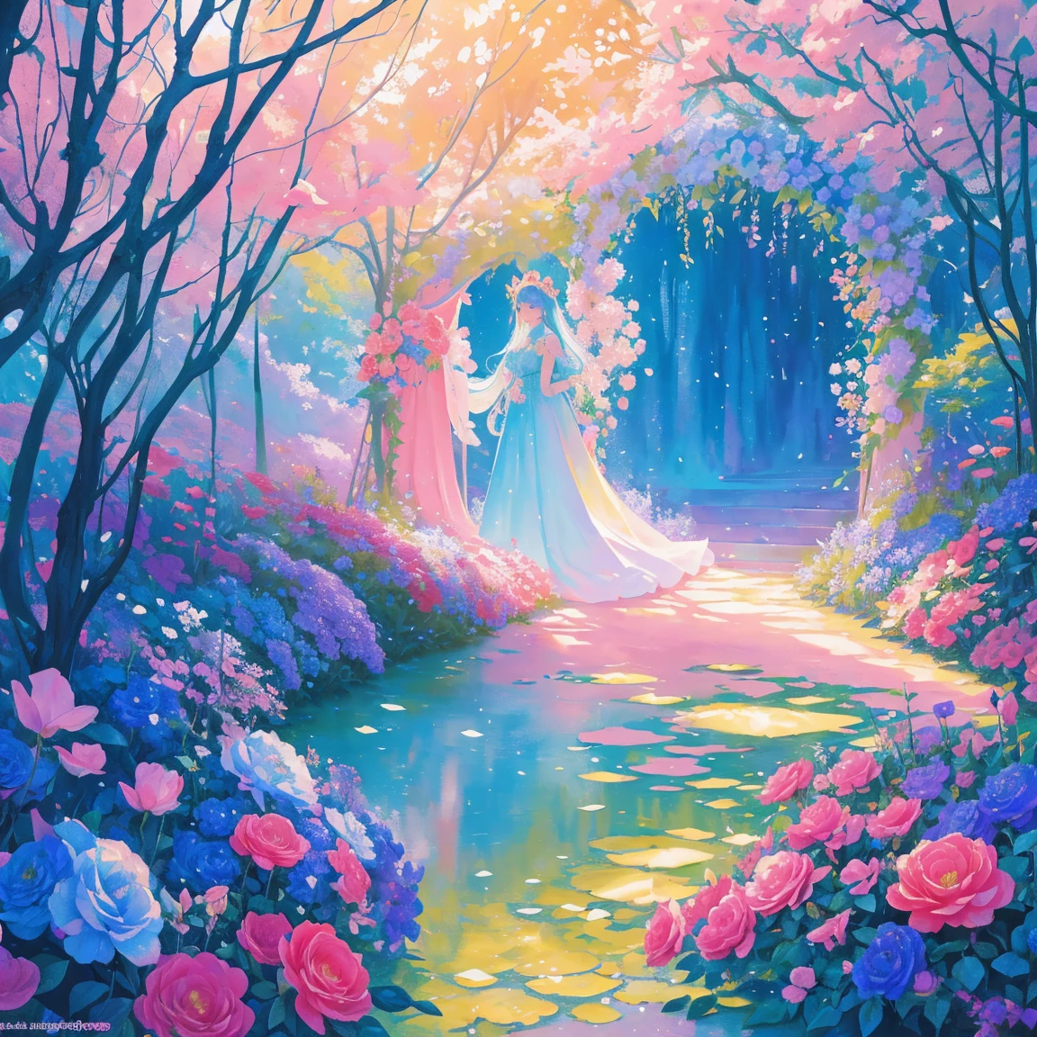 florals ,Colorful flowers ,background are the flowers,Surrounded by flowers,Seamless design,Fantasy Forest, neonlight, Realistic, Glow,Manhwa Style, Paint with vivid watercolors ,extremely detaile, highly detailed, tmasterpiece, Fairy tale background, in wonderland, Dynamic colors, Fairytale glow,